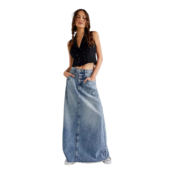 Free People We The Free Medium Wash Come As You Are Maxi Denim Jean Skirt 10 - Picture 11 of 11